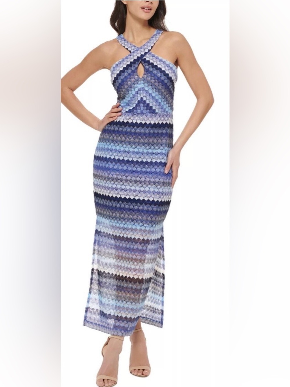 Guess crochet halter maxi dress blue patterned with underlay size 8